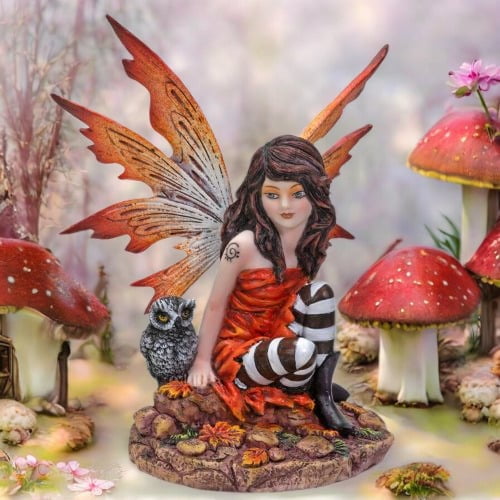 Fairyland Red Winged Fairy with Baby Owl Statue Figurine