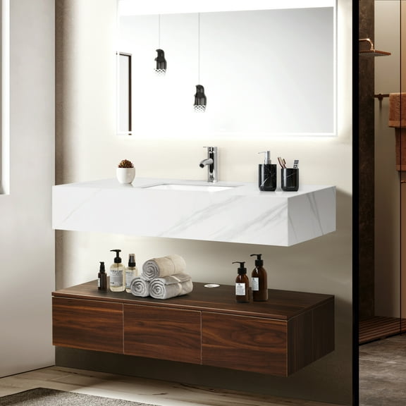 DWVO Bathroom Vanity Floating Wall Mounted Bathroom Cabinet Glossy Cabinet Storage Wooden Vanity with Ceramic Basin Sink and 3 Drawers Bathroom Vanity Integrated Sink 2-Pcs