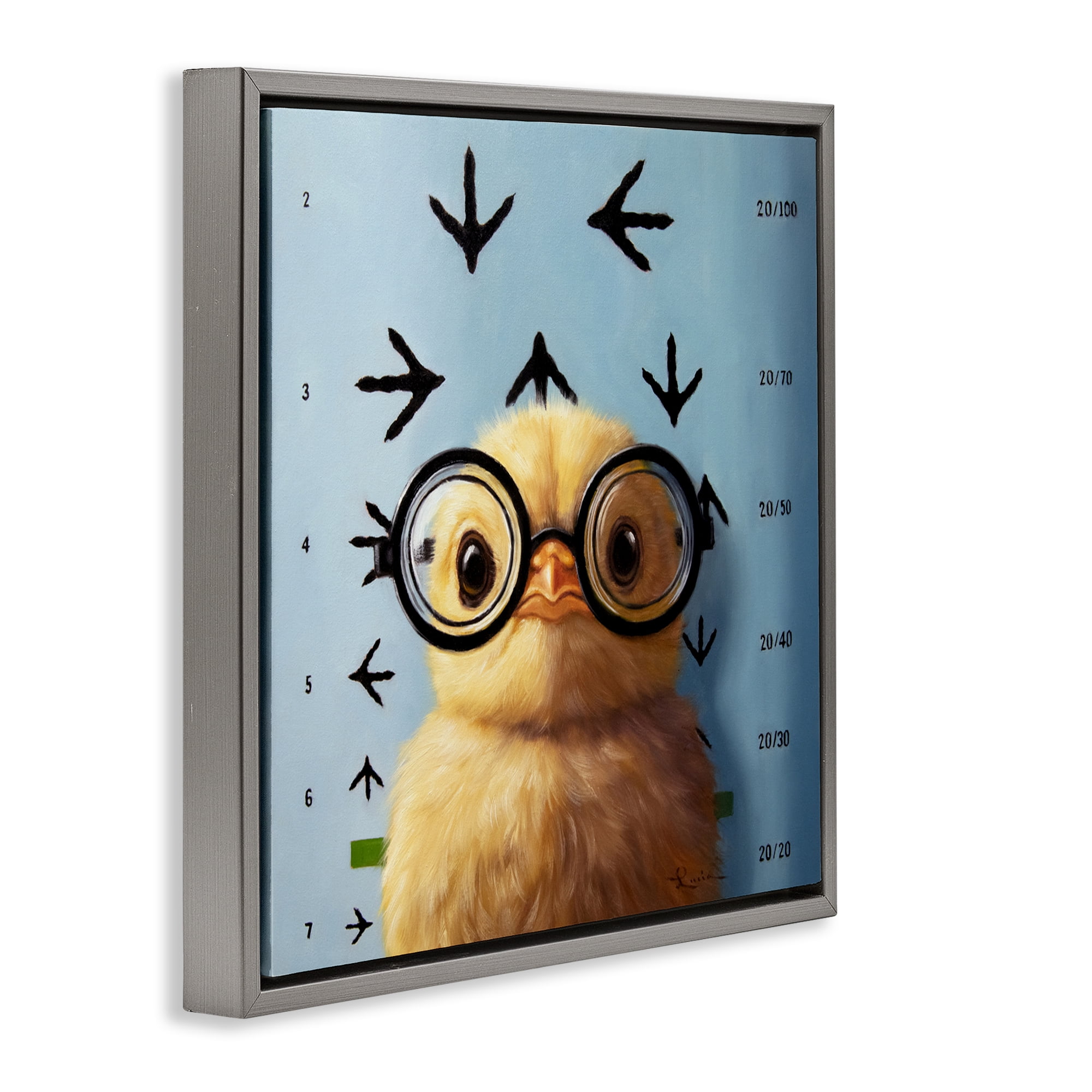 Four Eyes Chick Vision Gray Framed Floater Canvas Wall Art, design by Lucia Heffernan