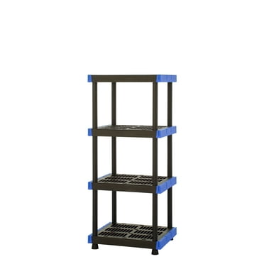 Hart 4-Shelf Plastic Storage Shelf, 24" W x 20" D x 55" H, Holds up to 400 lb Total Capacity, Black and Blue