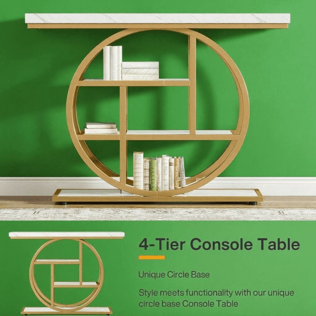 Industrial 4-Tier Console Table - 41.3" Rustic Brown with Circle Metal Base, 1.57" Thick Tabletop, Narrow Design for Entryway, Hallway, Living Room, Behind Couch