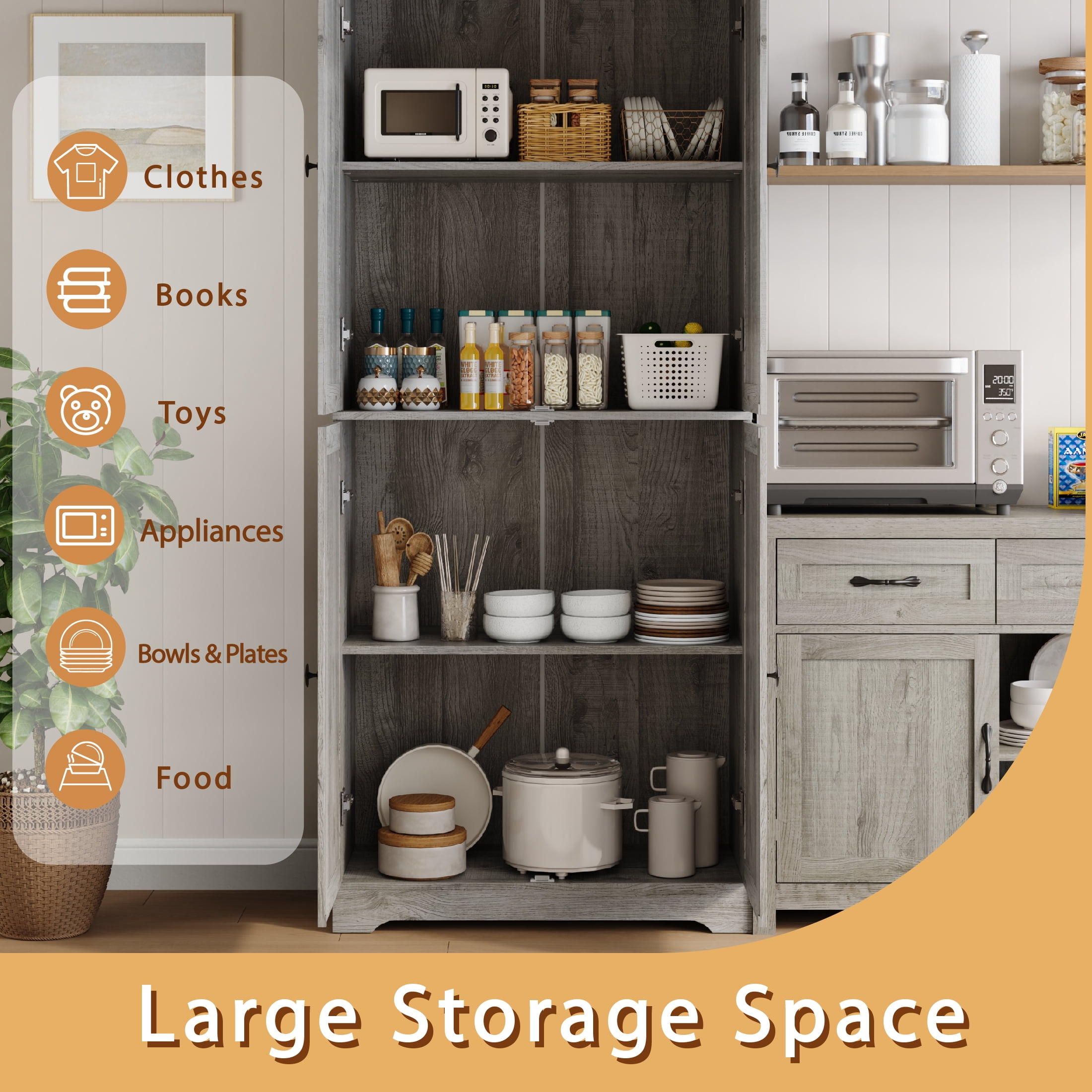 YouTrend 72'' Farmhouse Kitchen Pantry Cabinet with 4 Barn Doors,Storage Cabinet W/ 4 Shelves for Living Room,Kitchen,Bathroom,Office,Gray