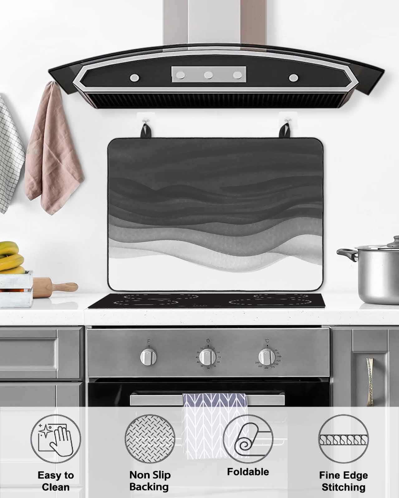 Large Induction Cooktop Protector Mat Ombre Waves Stove Top Covers for Electric Stove, Abstract Art Gradient Black Modern Decorative Stove Burner Cover Mats, Glass Top Stove Cover