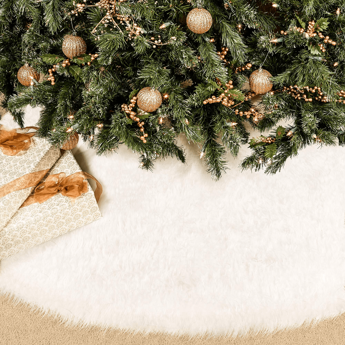 1 pcs White Christmas Tree Skirt Plush Mat Faux Fur Xmas Floor Mat Decoration 