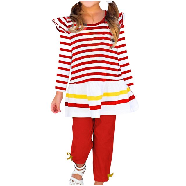 Besolor Baby Girls Fall Casual Sets Ruffled Long Sleeves Round Neck Striped T-Shirts and Long Pants Outfits