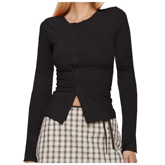 Womens Slim Fitted Cardigan Ribbed Long Sleeve Button Down Shirts Crew Neck Knit Fall Tops Streetwear