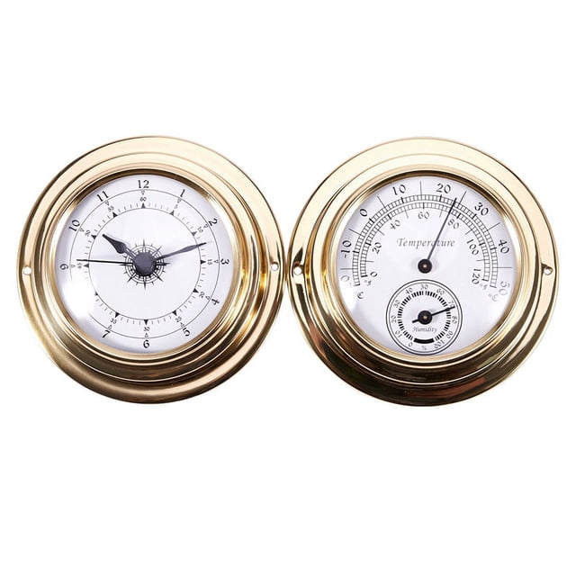 Thermometer Hygrometer Barometer Watches Clock 2 Whole Set Weather Station Meter,1 * clock(without battery) 1 * temperature meter,Gold