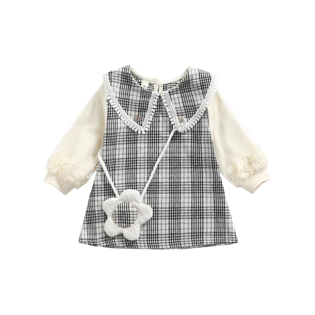 Xingqing 2 Pcs Robe Midi à Carreaux pour Tout-Petits, Enfants, Bébés Filles, avec Joint en Maille, Sac en Forme de Fleur
