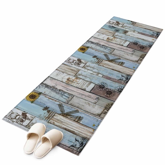 Vintage Farmhouse Runner Rug 2'x6' Sunflower Windmill Farm Animals Blue Wood Grain Hallway Runner Rugs Washable Non-Slip Bedside Floor Mats Carpet for Kitchen Bedroom Laundry Room Bathroom