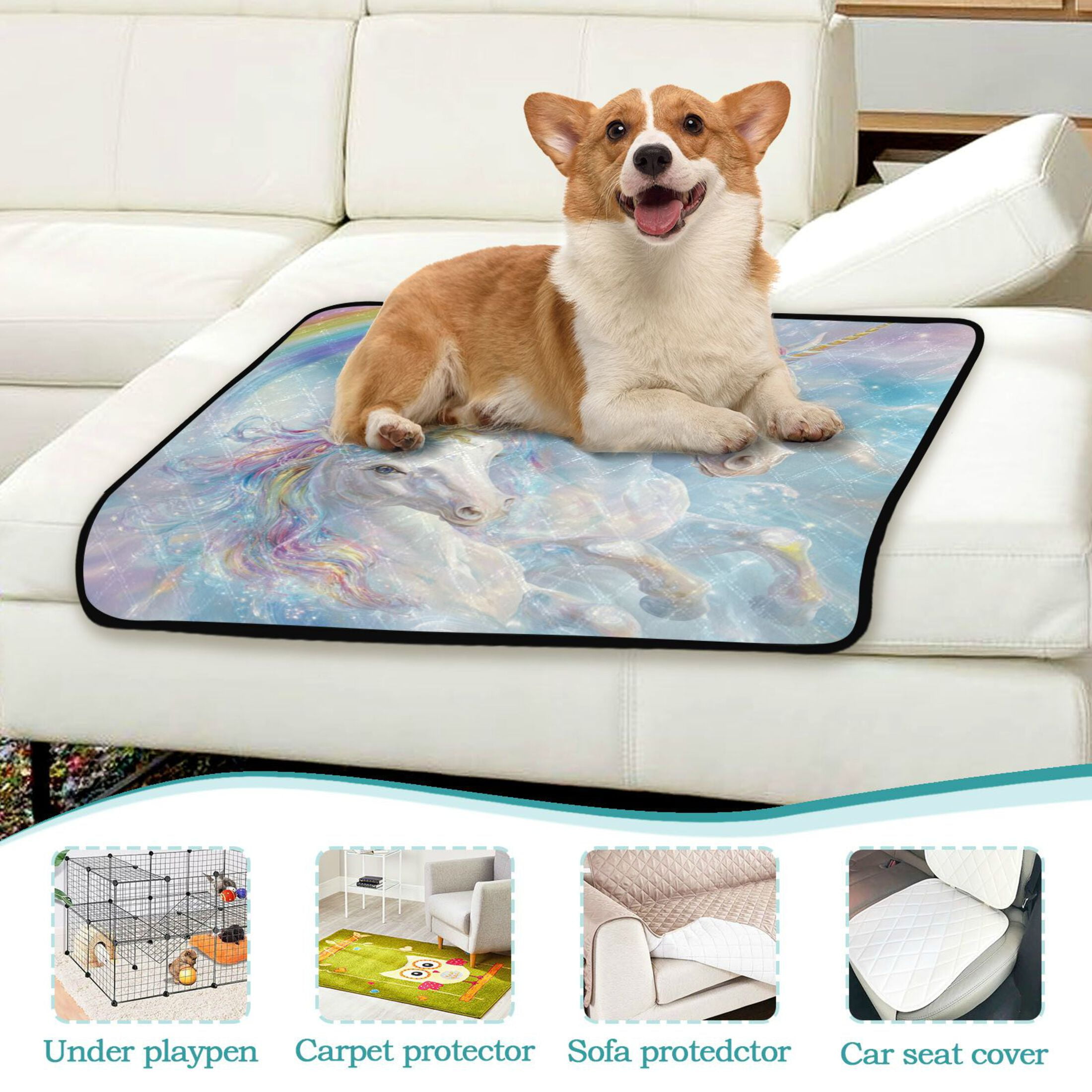 Qxltty Rainbow Unicorns Cat litter Pads Pet Set of 2 Diaper Mats Center Anti-leakage Layer Absorbent Soft and Comfortable