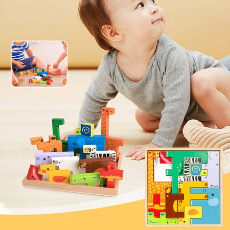 XIAOFFENN Wooden Children's Early Education Animal Three-dimensional Creative Building Block Puzzle Puzzle Intelligence Male And Female Baby Toys Warehouse Sale Clearance