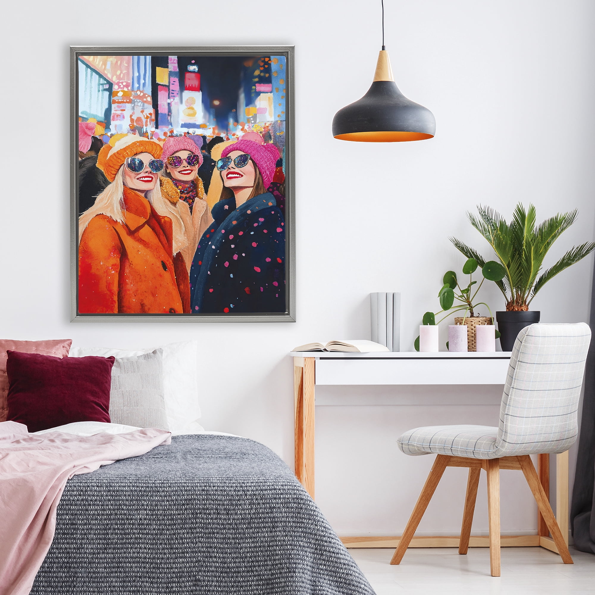 Stupell Industries New Year's Girls in City Gray Framed Floater Canvas Wall Art, design by LSR Design Studio