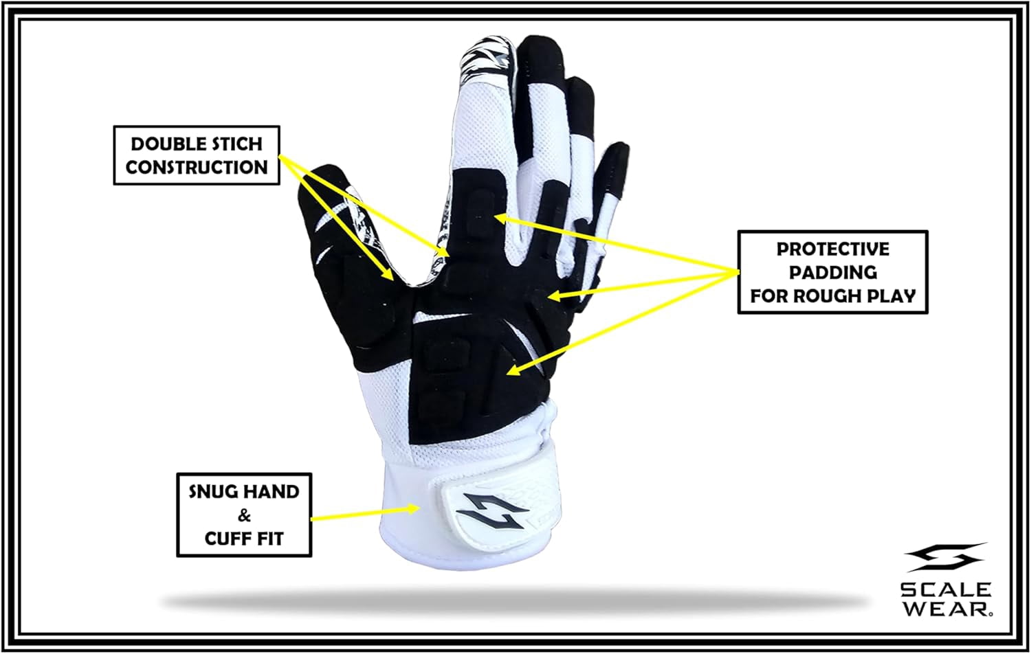 Scale Wear Design White Stealth Football Lineman Gloves with Tach Grip Silicone Palms. Adult Men's Youth Boys Sticky Lineman Wide Receiver Flag Football Boost Your Game (Youth-Small, White-Black)