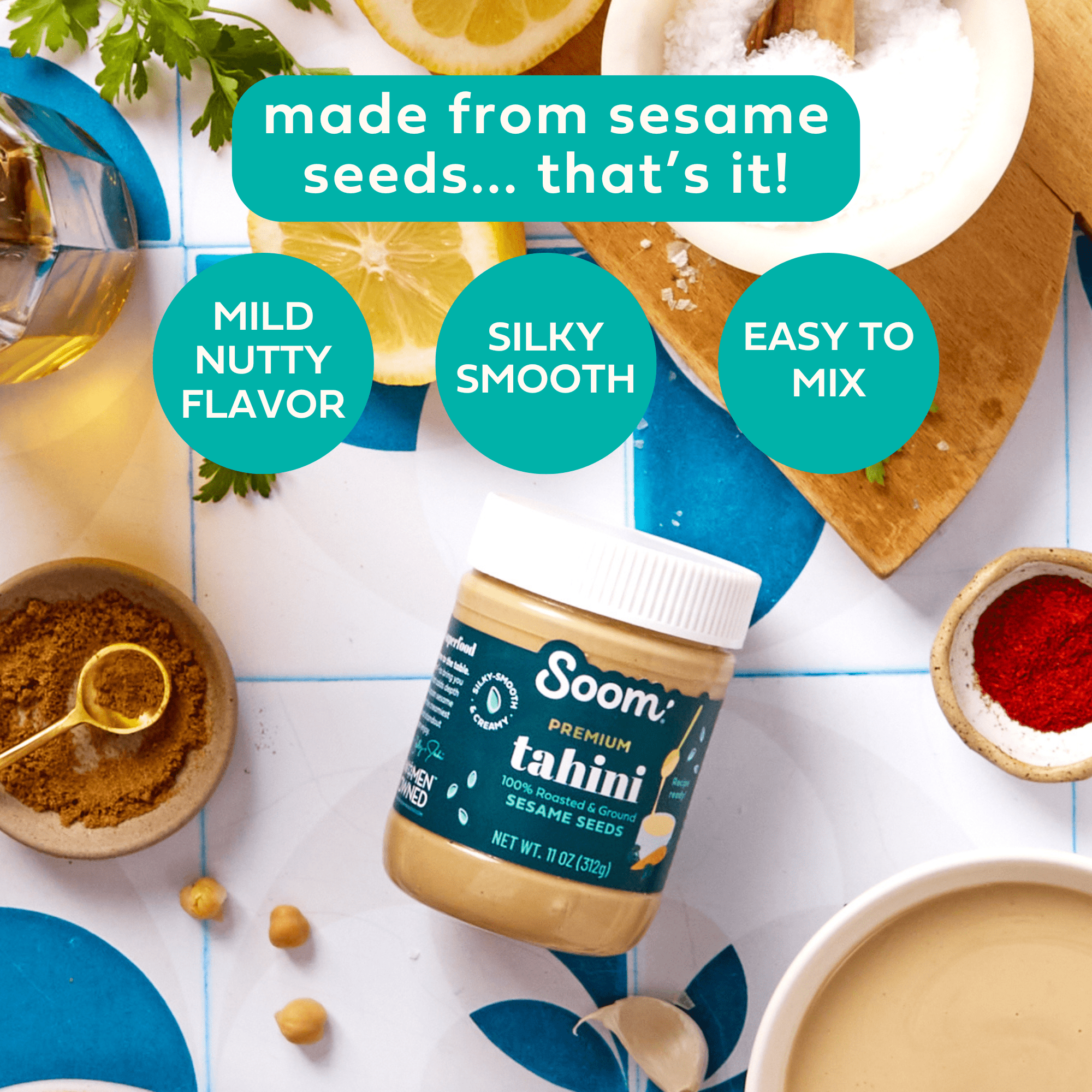 Soom Foods Premium Tahini, Creamy Sesame Seed Paste Spread for Hummus, Nut-Free, 11oz Jar
