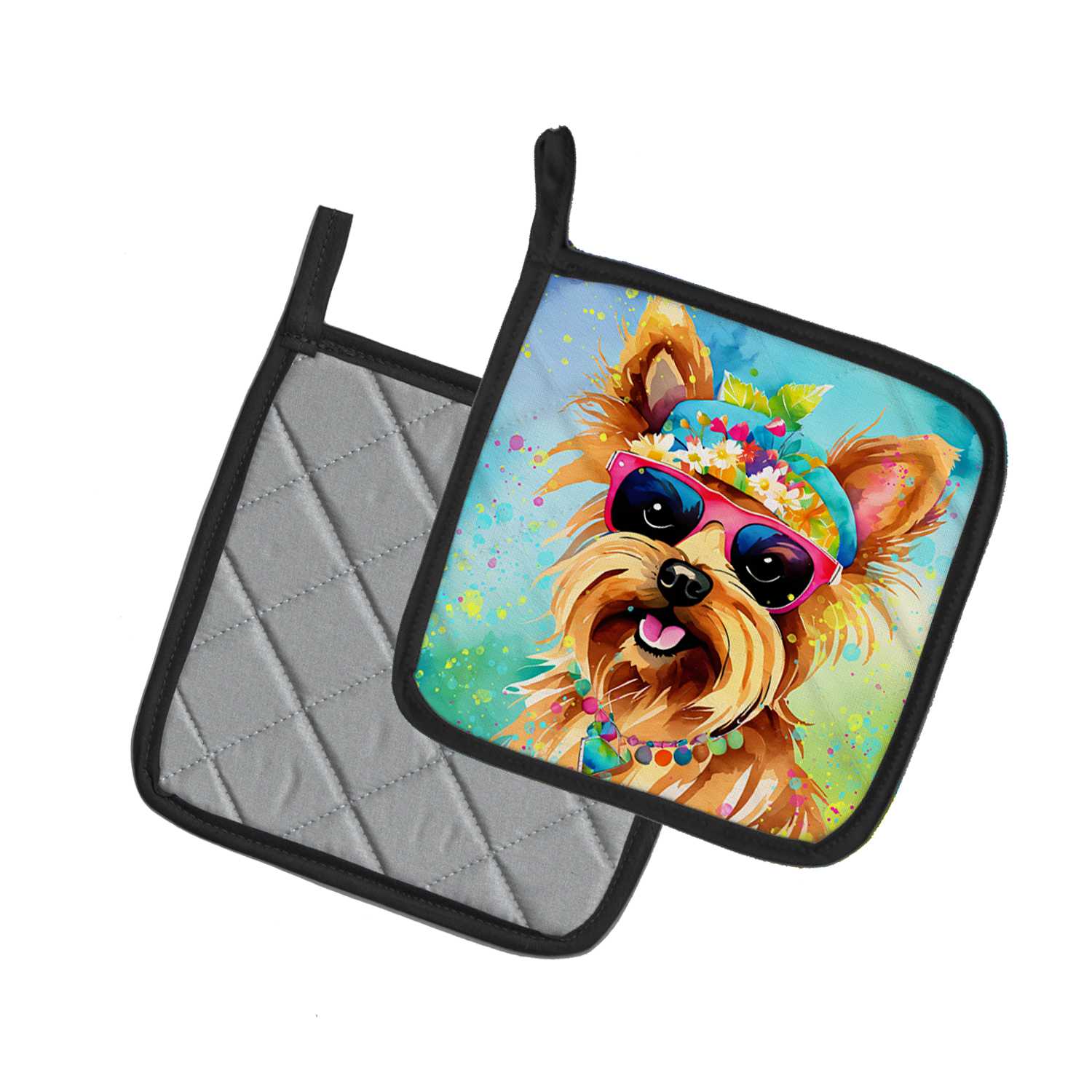 Yorkshire Terrier Hippie Dawg Pair of Pot Holders 7.5 in x 7.5 in