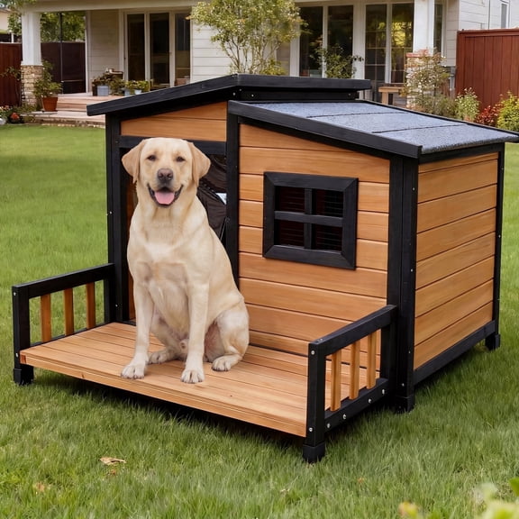 RUNSHED Indoor Outdoor Dog House,Wood Warm Pets Home,Insulated Weatherproof Outside Shelter with Elevated Floor,Easy to Assemble(39.3"L x 37.5"W x 30"H)