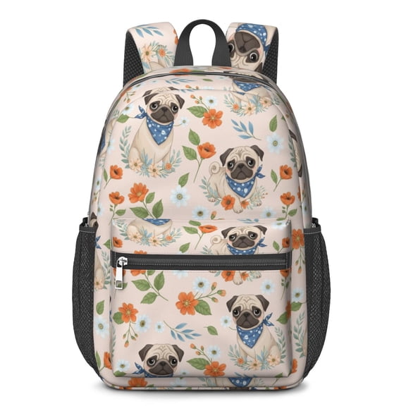 Pug and Floral Pink Pattern 17" Waterproof Oxford School Backpacks for Teens, S-Shape Padded Straps, for School, Travel, Hiking, Camping