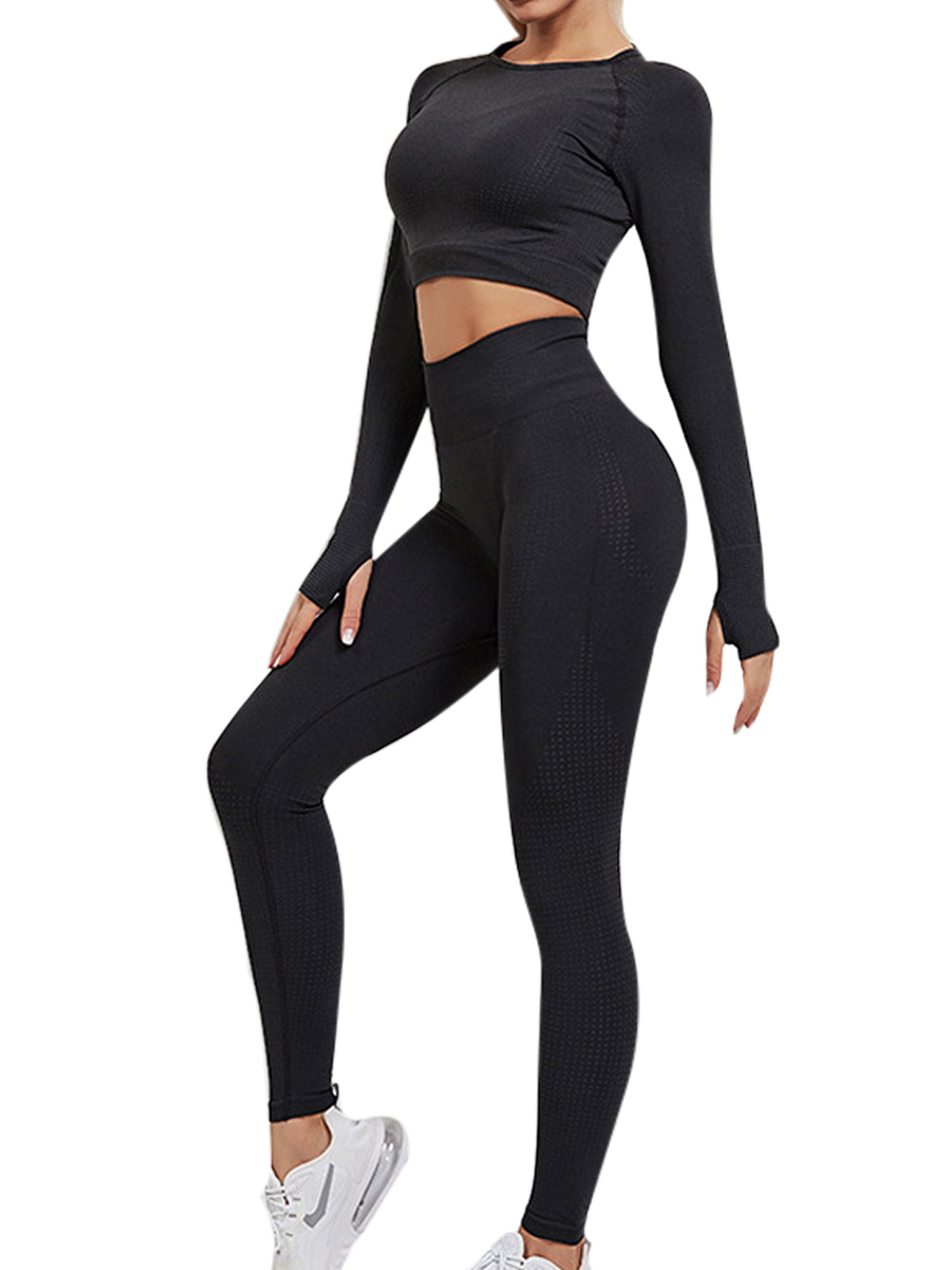 Long Sleeve Gym Crop Tops High Waisted Compression Shorts HCKG Women's 2 Piece Yoga Outfits Workout Athletic Sets 