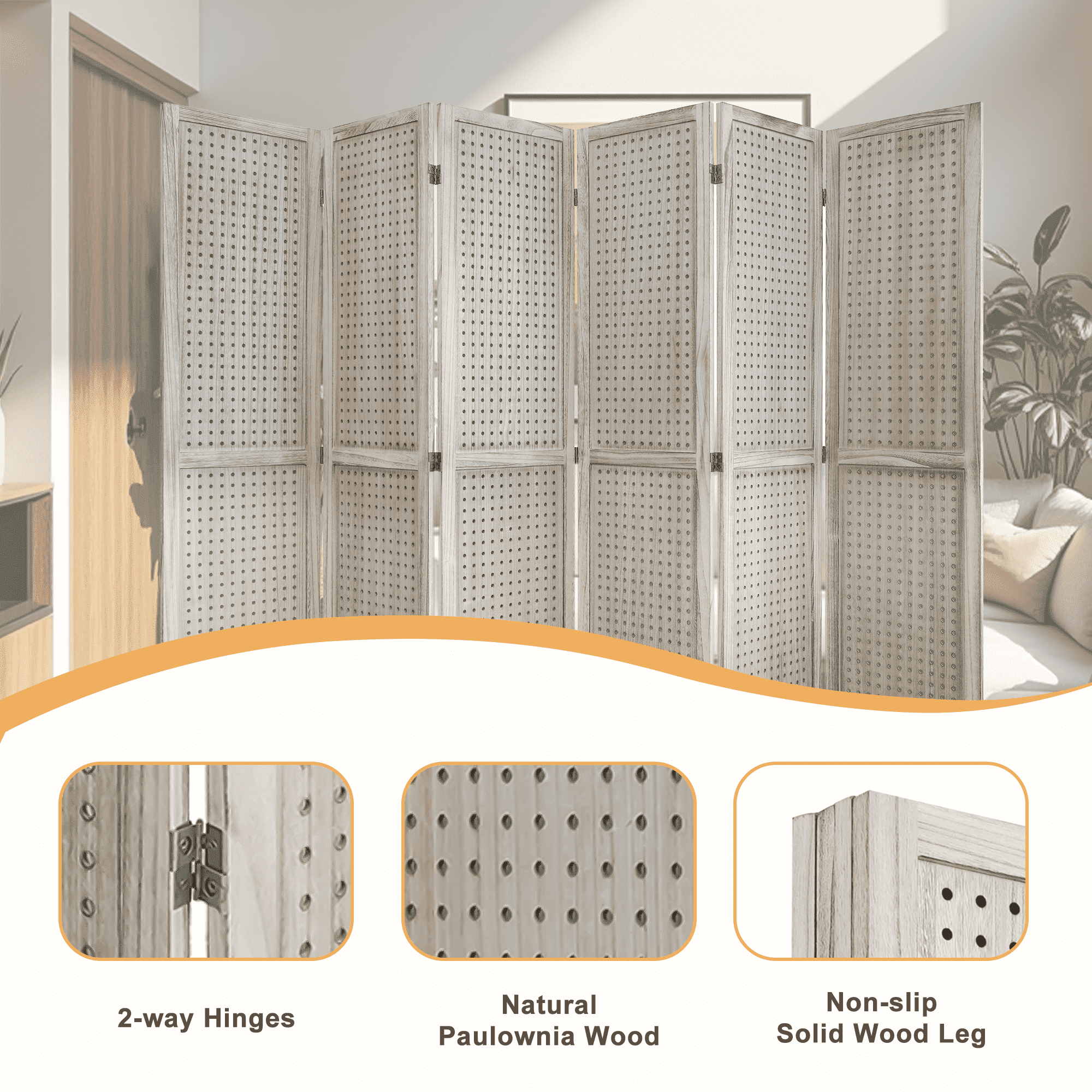 MAYEERTY 8 Panel Room Divider, 5.6Ft Wooden Freestanding Privacy Screen with Shelves, Natural Wood