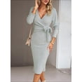 thumbnail image 4 of Women'S Long Sleeve Sweater Dress Side Split Bodycon Dresses Fall Midi Long Deep V Neck Fitted Spring Light Gray XL, 4 of 6