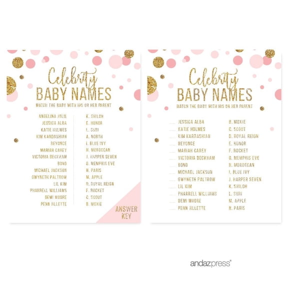 Celebrity Name Game  Blush Pink Gold Glitter Baby Shower Games, 20-Pack