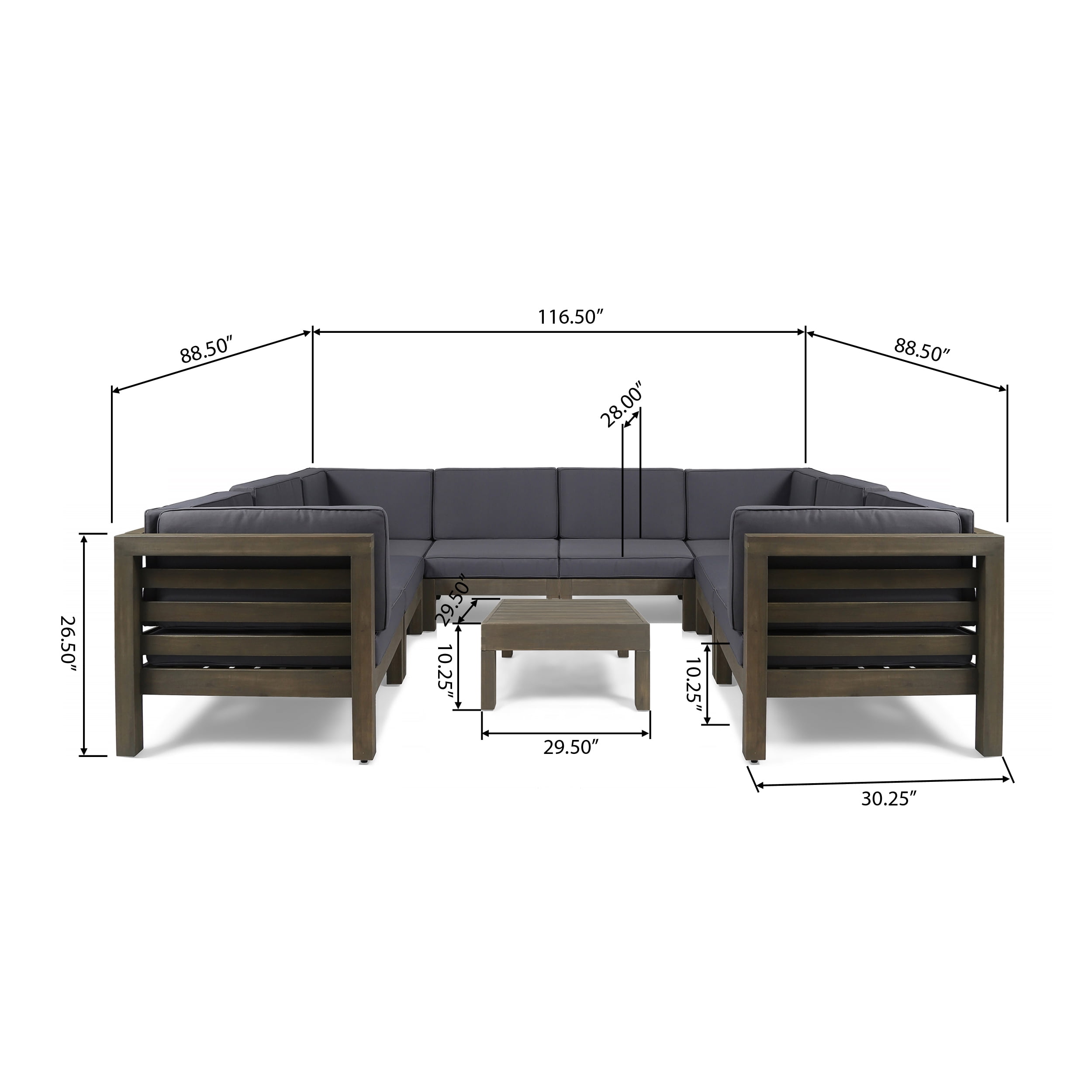 Frankie Outdoor 9 Piece Acacia Wood U-Shaped Sectional Sofa Set with Coffee Table and Cushions, Gray, Dark Gray