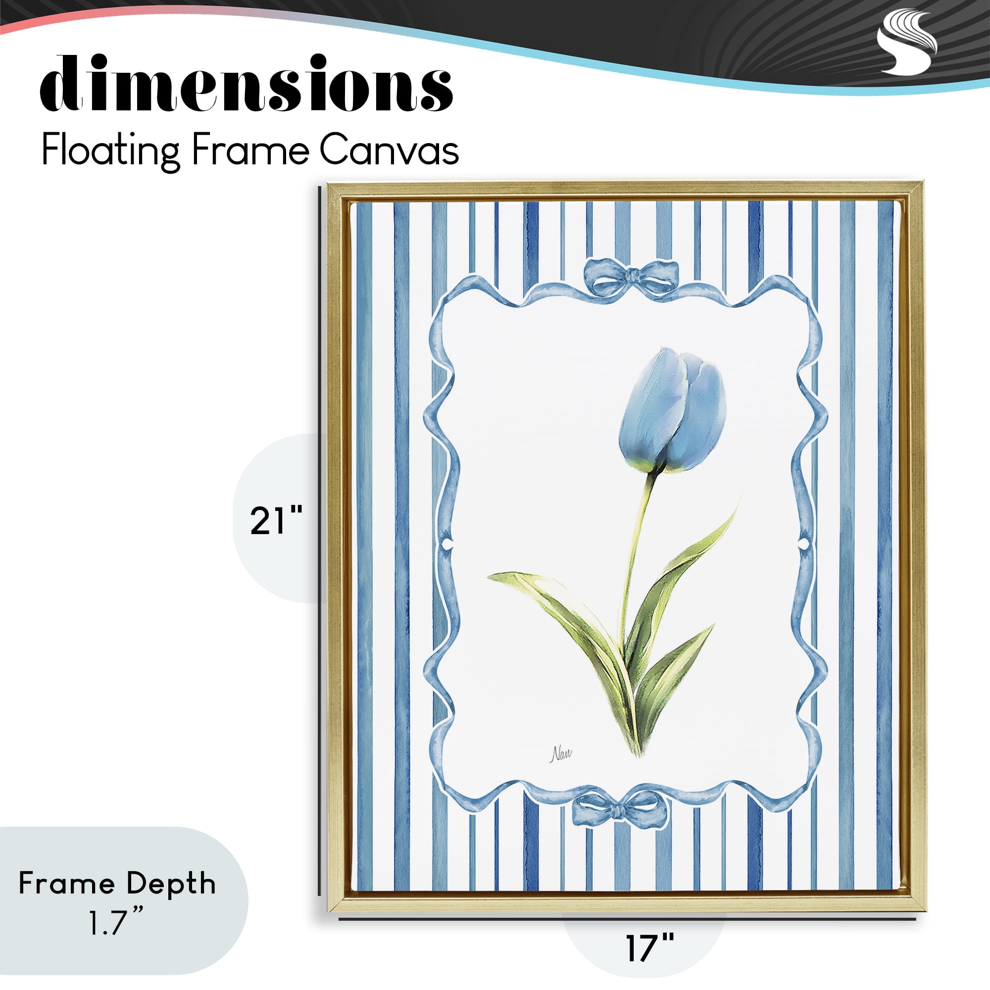 Stupell Industries Blue Tulip & Ribbon Border Gold Framed Floater Canvas Wall Art, design by Nan