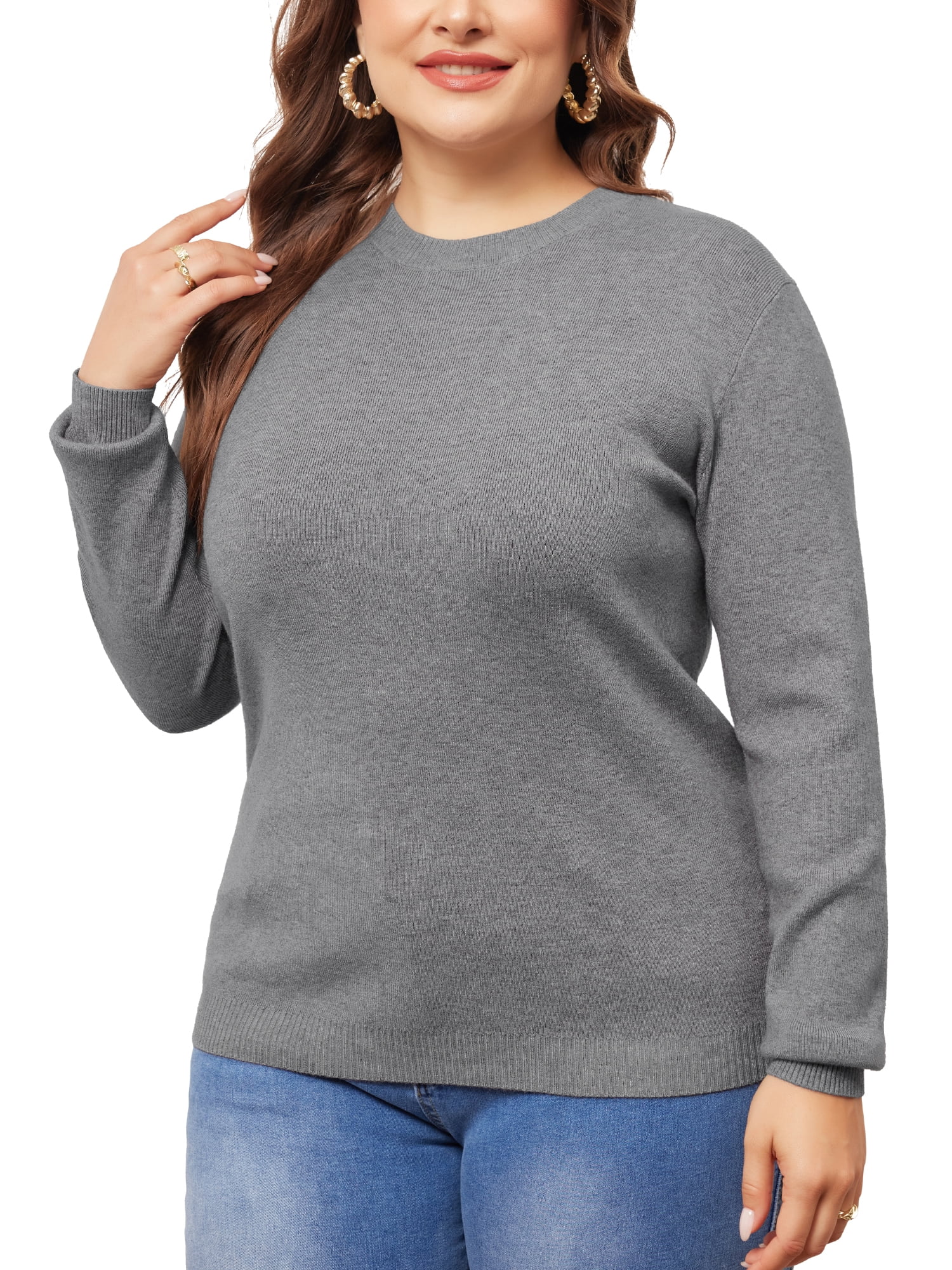DARING DIVA Plus Size Long Sleeve Crewneck Sweater Fall Casual Tops 1X Grey
