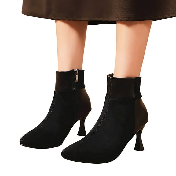 Womens Kitten Heel Ankle Boots Fashion Suede Splicing Pointed Toe Mid Calf Booties Casual Winter Fall Dress Shoes Black Size 5.5