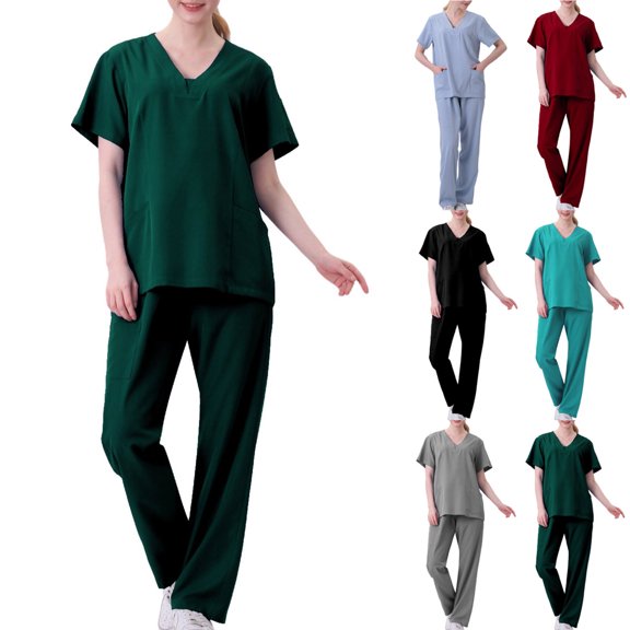 mihongmao Stretch Scrub Sets for Women Cozy Fit Cotton Gowns Short Sleeve Nurse Workwear Separate Set Gray S