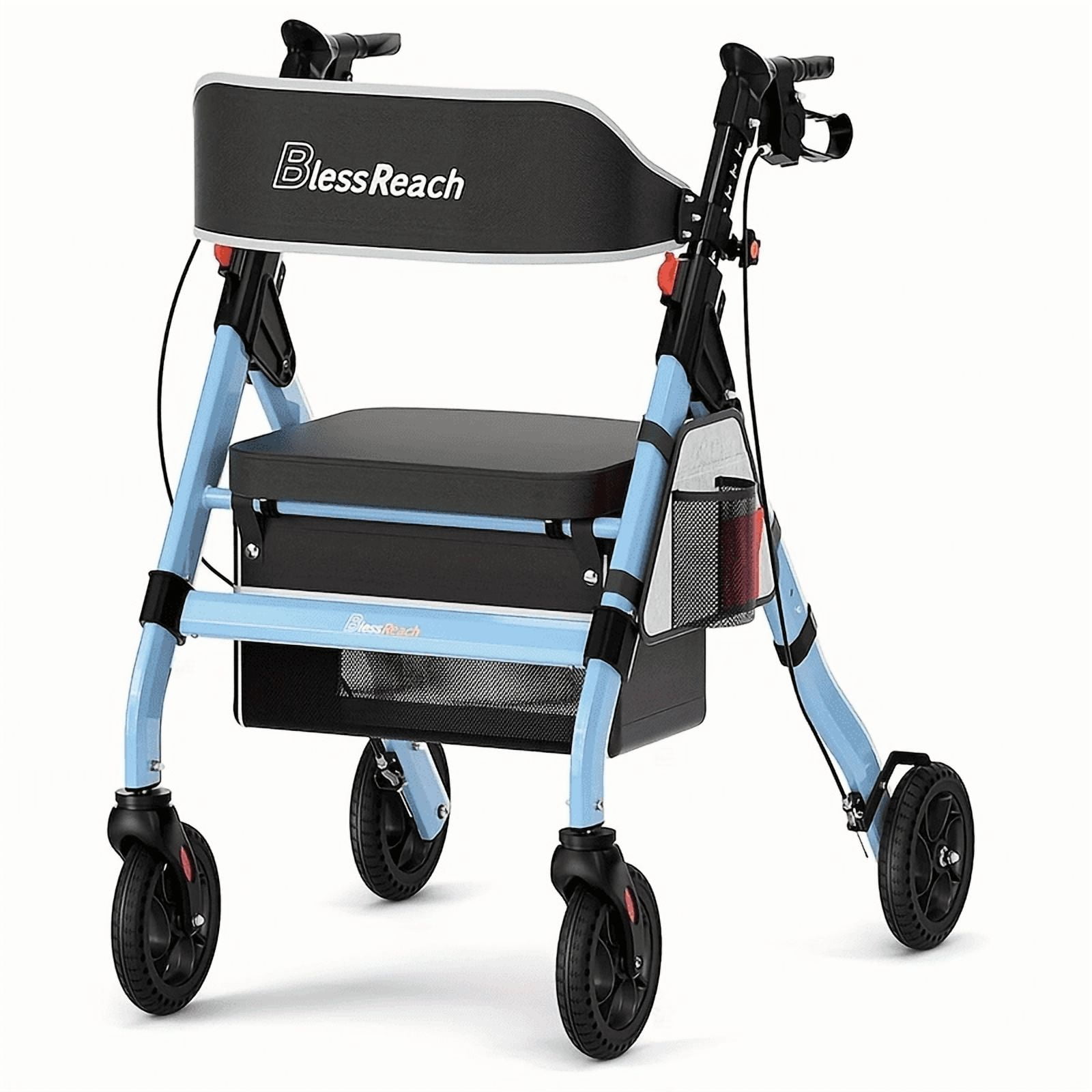 E-Western Foldable Rollator Walker for Seniors Heavy Duty Aluminum Frame with Seat 450 lb Capacity 8 Wheels Adjustable Height Lightweight and Portable Blue