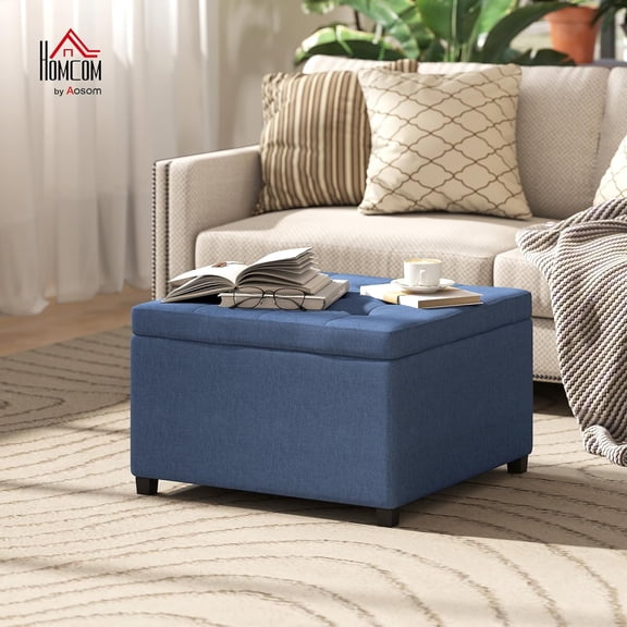 Storage Ottoman Coffee Table with Flip Top Seat Lid Tufted Upholstered Footstool Wood Frame for Living Room Entryway Bedroom Blue