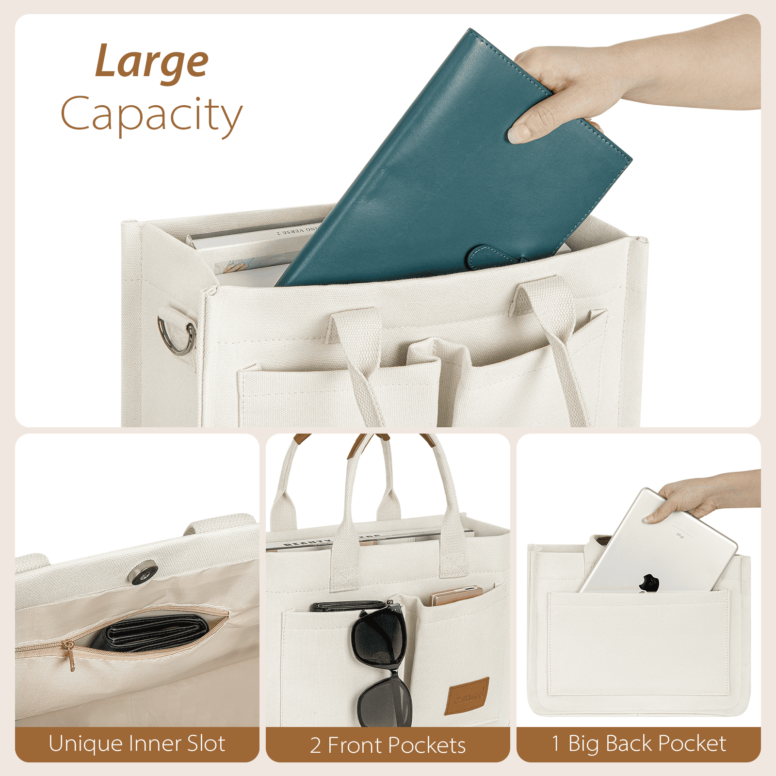 Canvas Tote Bag with Multi-Pocket for Women, Large Crossbody Shoulder Handbag Everything Tote Bag with Compartments, Laptop Work Bags Shoulder Travel Messenger Gym Totes, White