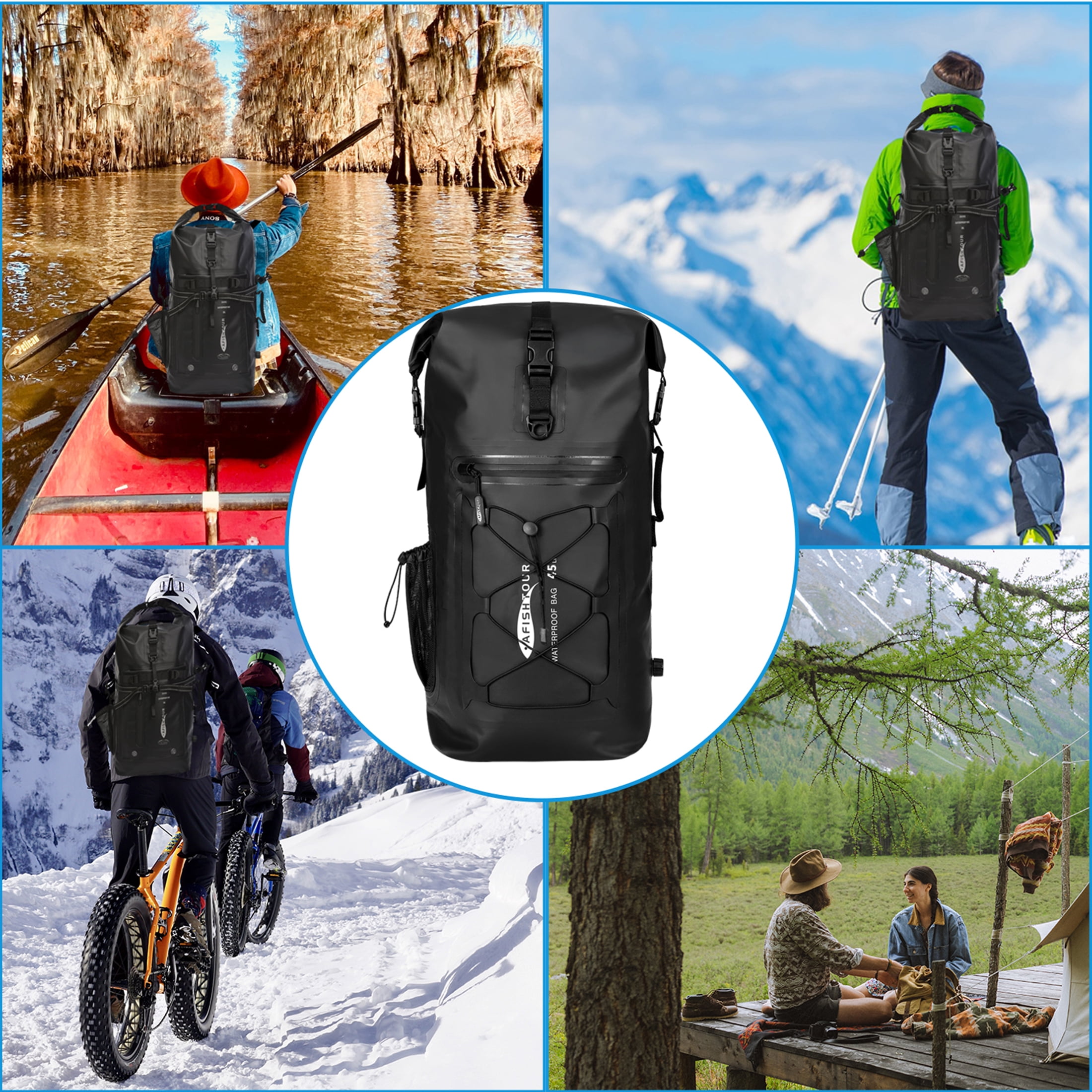 AFISHTOUR Dry Bag Waterproof Backpack, 45L Roll Top Floating Dry Backpack for Kayaking, Hiking, Camping, Travel (Black)