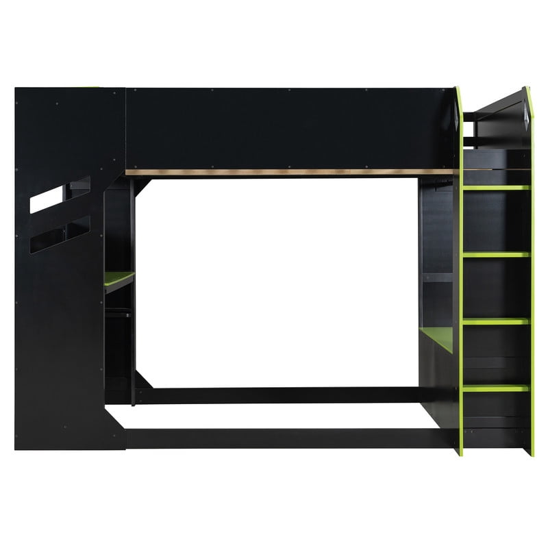 Full Size Wood Loft Bed with Height Adjustable Desk, RGB LED Lights & Storage Drawers, Gaming Loft Bed Frame with Headboard Cabinet, Hanging Rod for Bedroom