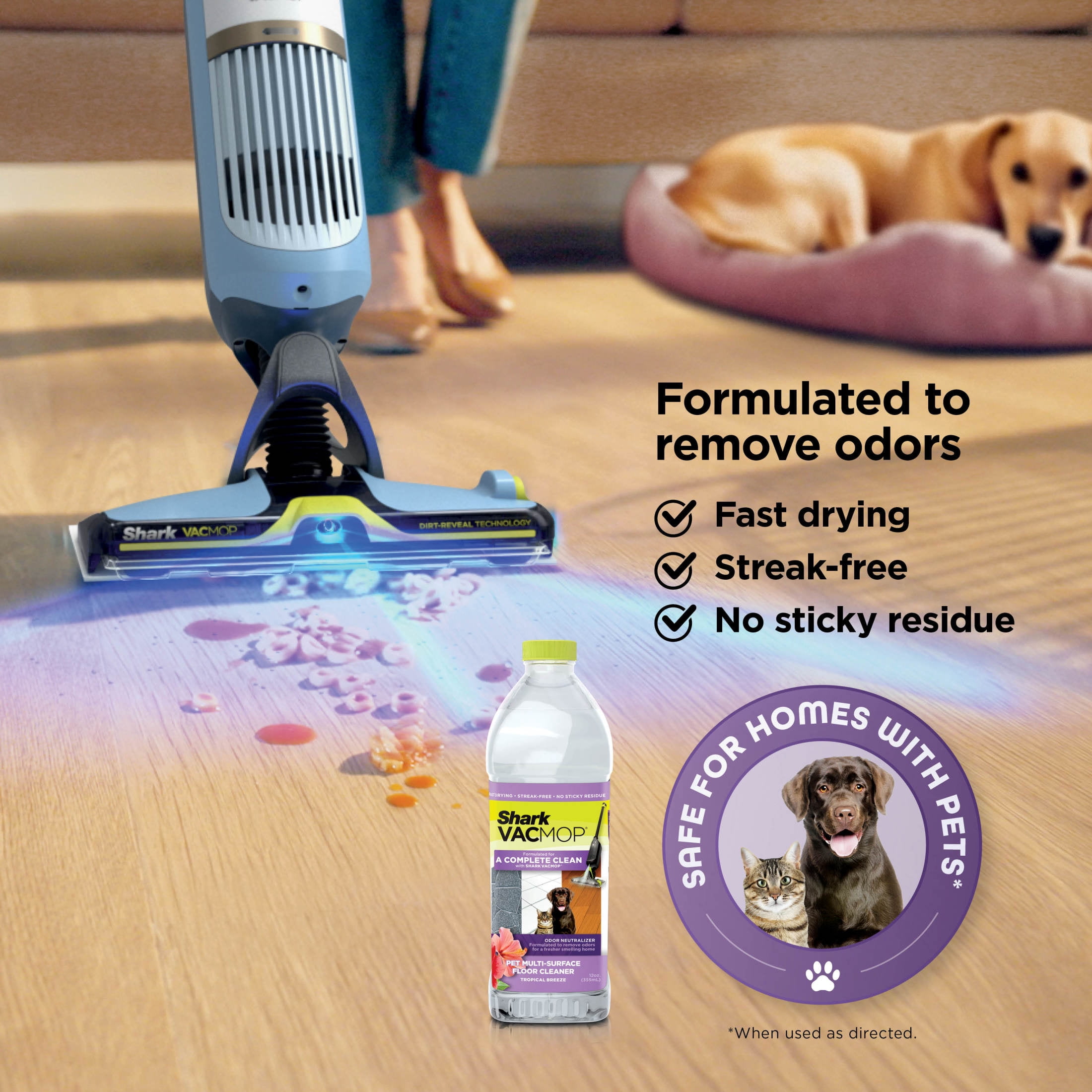 Shark VACMOP Reveal Cordless Hard Floor Cleaner, Vacuum and Spray Mop, 4 Disposable Pads, 12oz Pet Multi-surface Cleaning Solution, VM401BL Blue