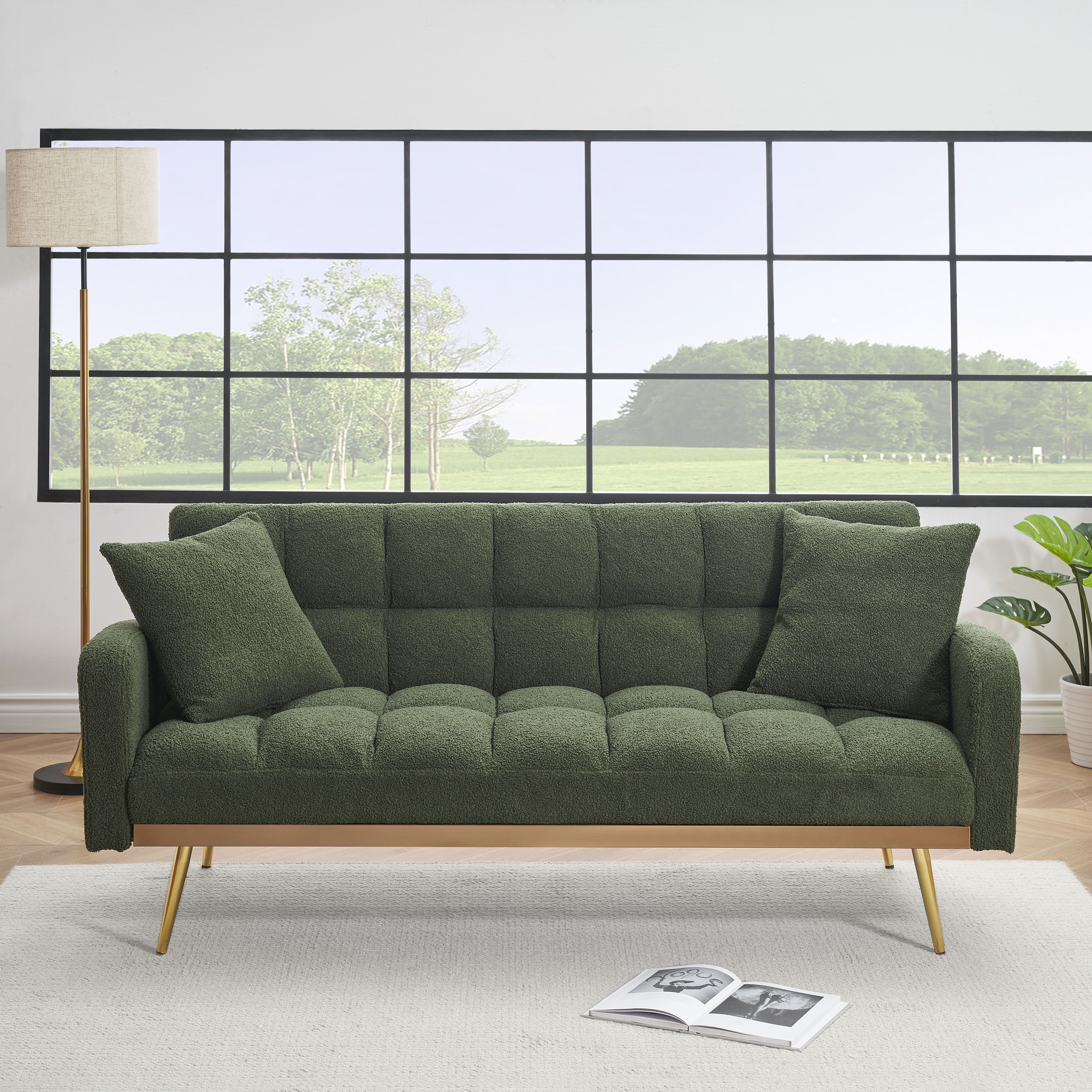 MAYEERTY Adjustable Sofa Bed, Teddy Fabric Loveseat, Space-Saving Convertible Guest Bed for Studio Spaces, Green