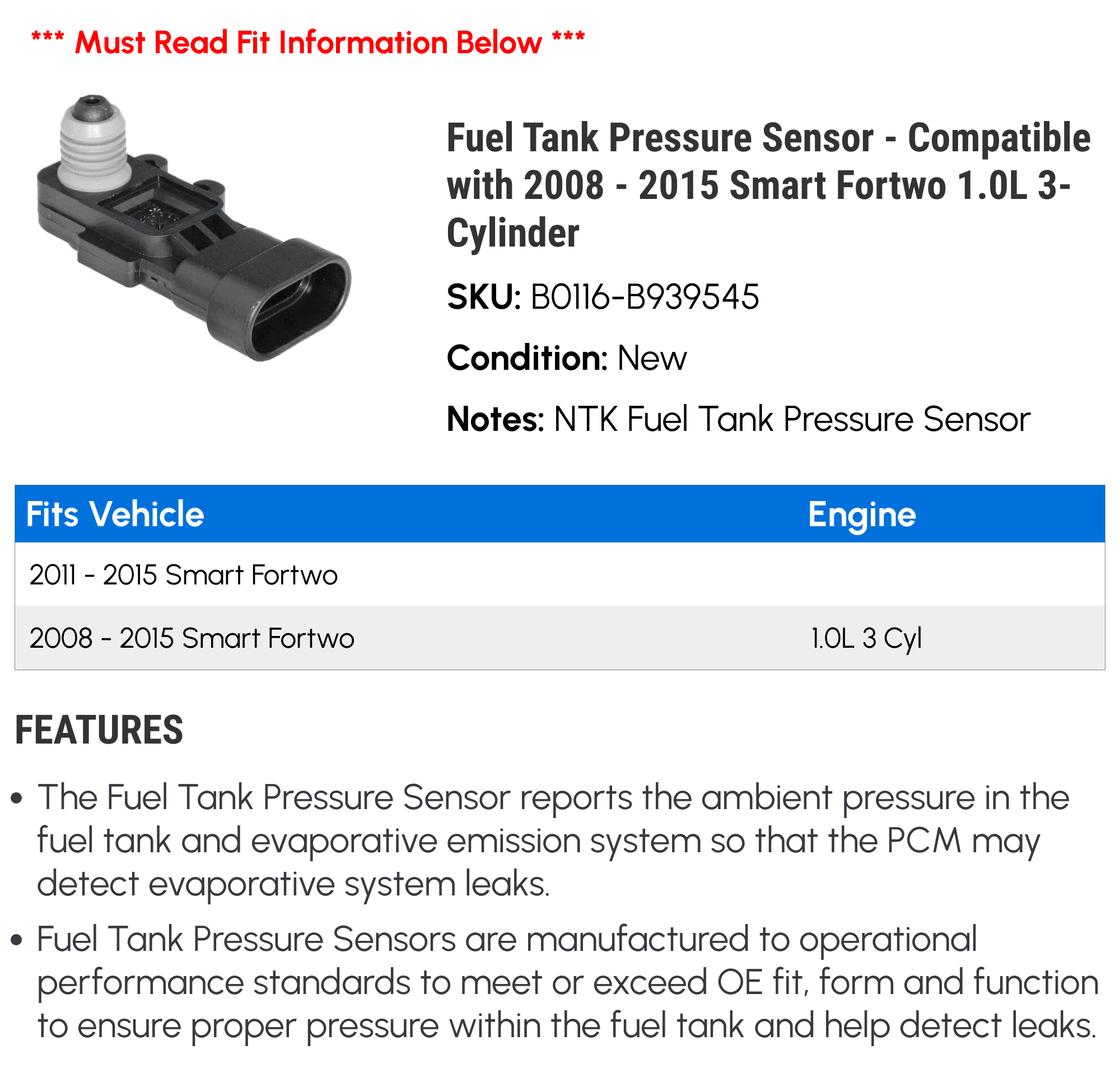 Smart Car Fortwo Vehicle Speed Sensor, 2008-2015