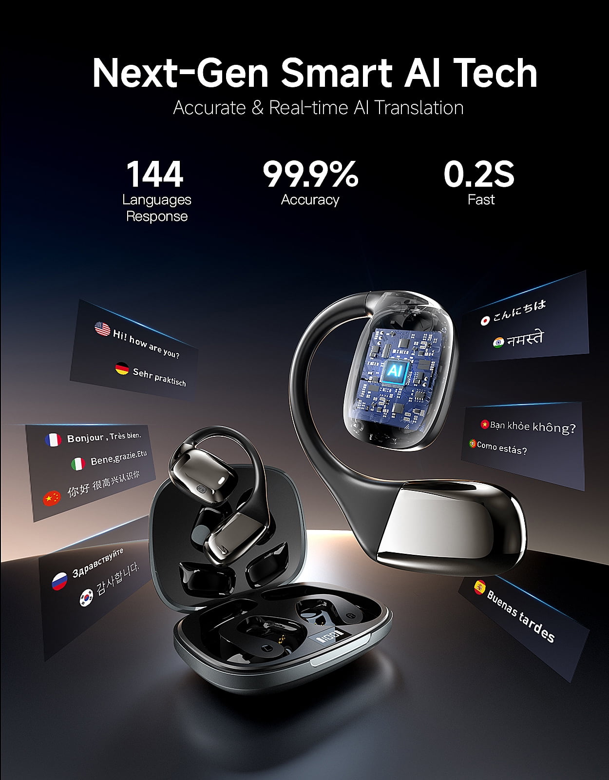 AI Translation Earbuds, Real-Time 144-Language Translator Earbuds with App for iOS & Android, 3-in-1 Wireless Bluetooth Earbuds for Travel, Business & Language Learning