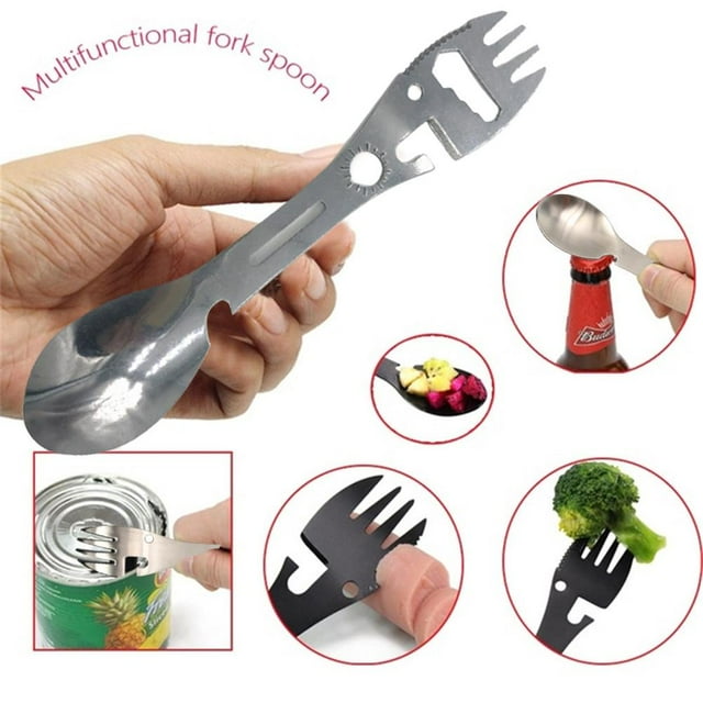10 In 1 Multi Functional Camping Spork Stainless Steel Spoon Fork with Cutter Can Bottle Opener Wrench for Kitchen Outdoor Hiking Backpacking