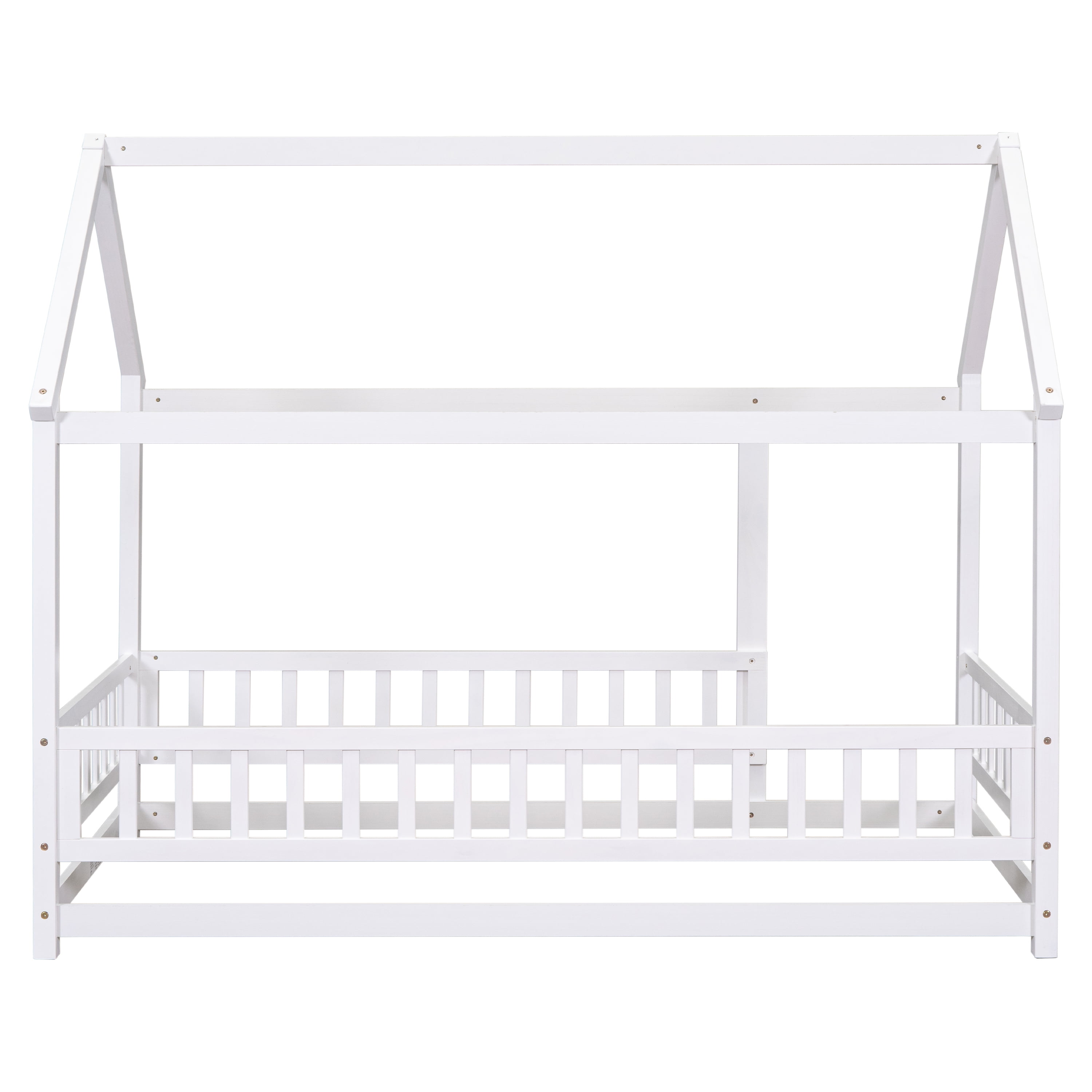 Miniyam Kids Twin Montessori House Floor Bed with Fence, Wood Roof Frame, White