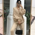 thumbnail image 2 of Cardigan Sweaters for Women Casual Solid Color Open Front Button V Neck Fall Coat,Khaki,XL, 2 of 3