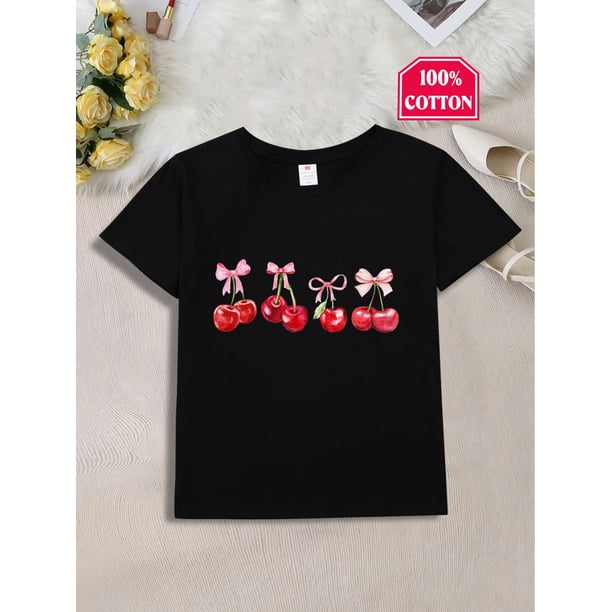 Adorable Cherry Print Girls' T-Shirt - 100% Cotton, Comfy Short Sleeve Crew Neck Top with Pink Bow Detail, Perfect for Spring/Summer - Ideal Gift for Youngsters & Teens, Girls Shirts
