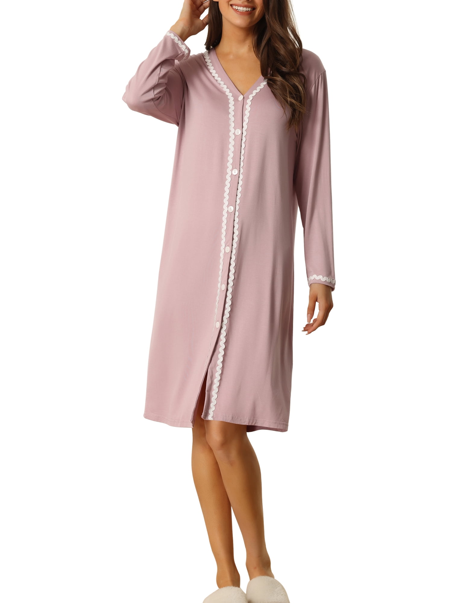 Unique Bargains Womens Nightshirt Button Down Nightgown Long Sleeve Pajama Sleepshirt M Pink