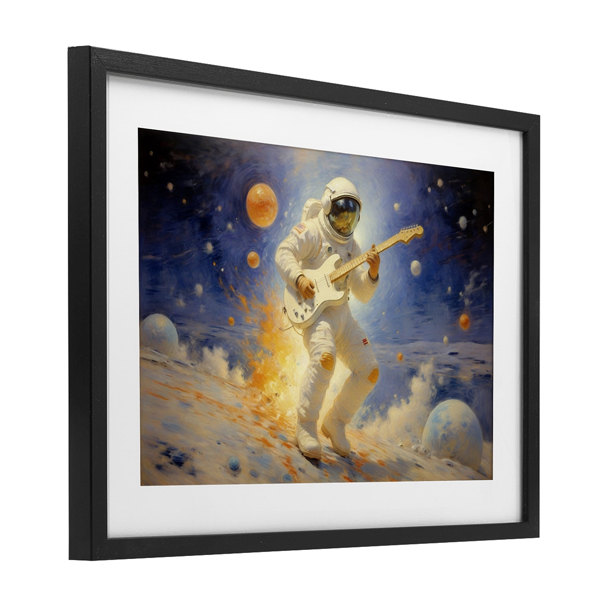 Space Astronaut Musician Black Framed Print Under Glass, design by Angie Hawke