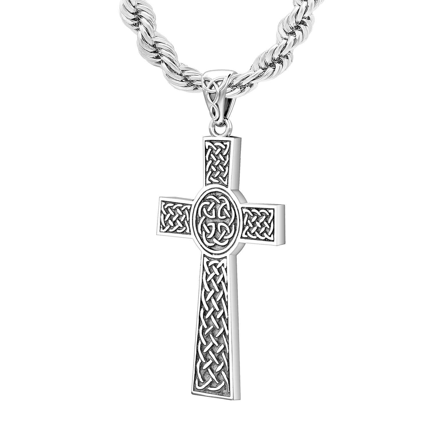 Men's Large 925 Sterling Silver Celtic Cross Pendant Necklace, 43mm