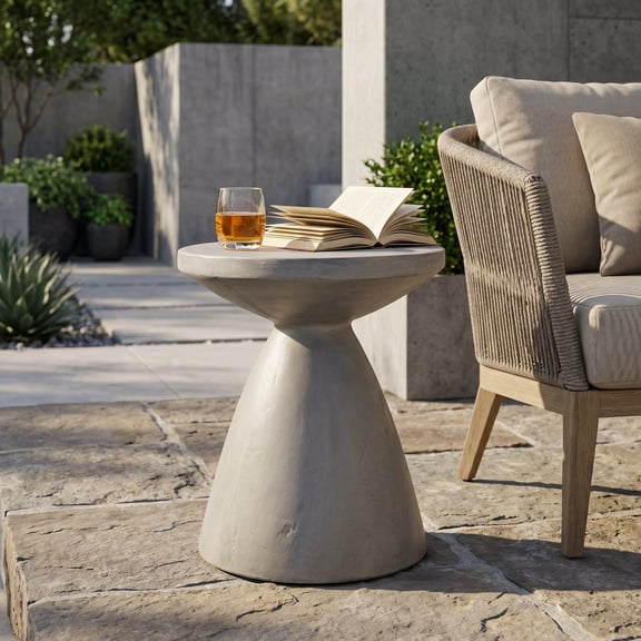 Mintazer 18"H Lightweight Concrete Side Table with Hourglass Pedestal, Modern Accent End Table for Indoor & Outdoor, Light Gray