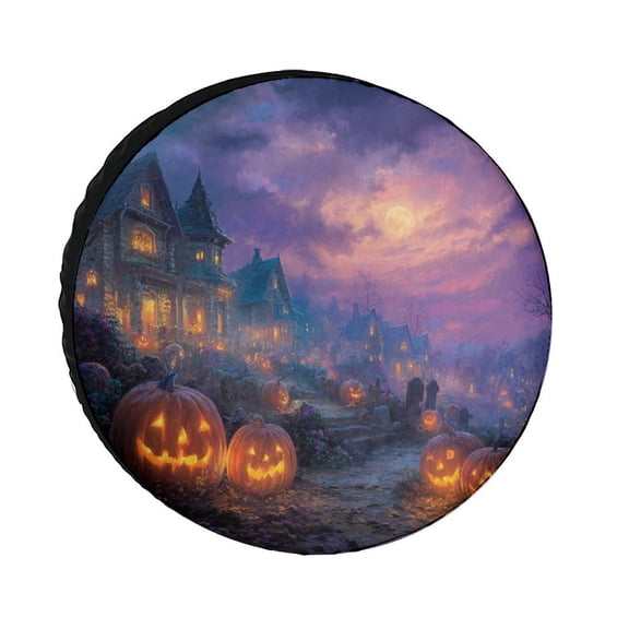 Camper Spare Tire Cover Spooky Halloween Night Scene Wheel Tire Covers Waterproof Sun Protection Pumpkins Tire Cover for Camper Trailer Truck SUV Universal 12inch