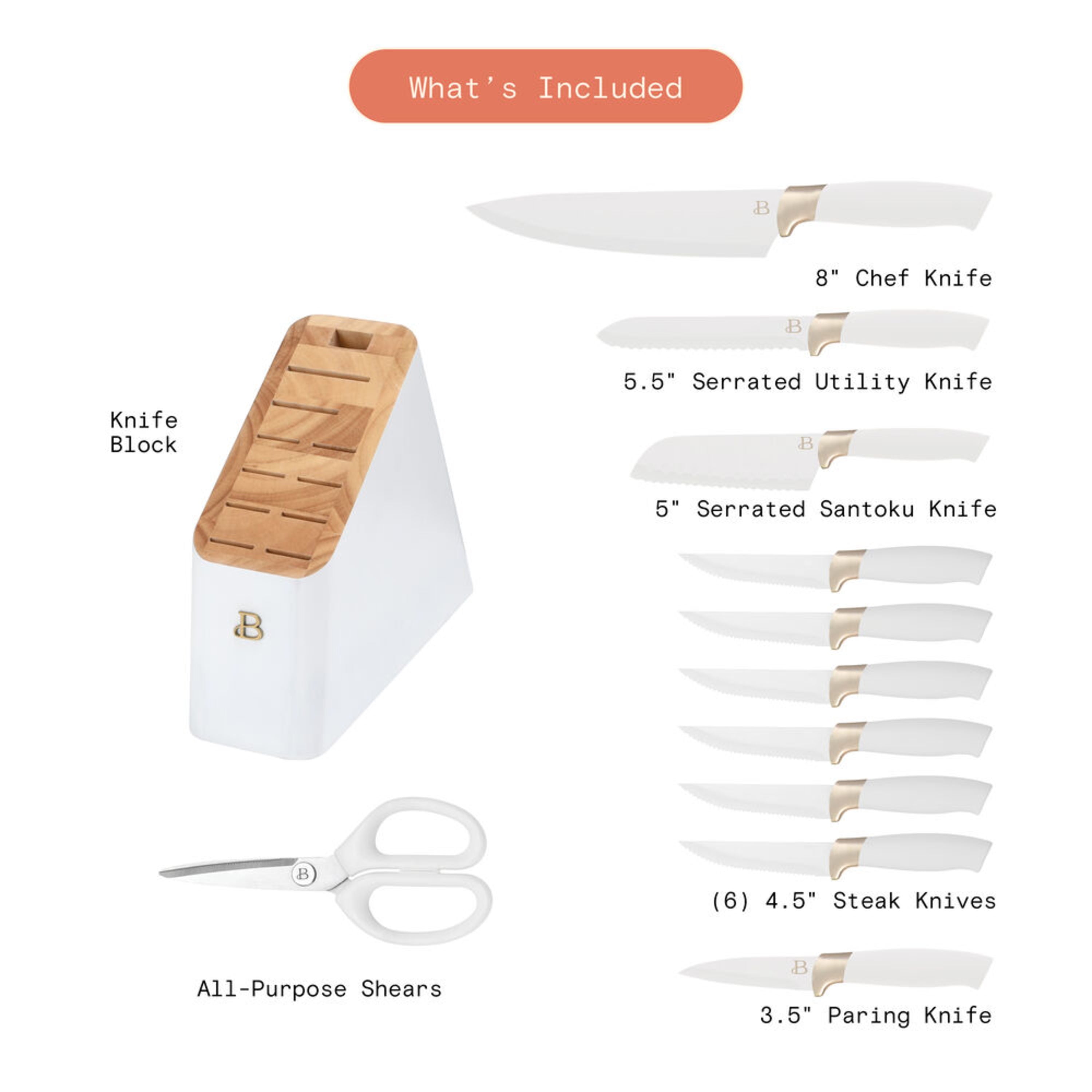 Beautiful 6 Piece Stainless Steel Knife Set in White Champagne Gold By Drew  Barrymore
