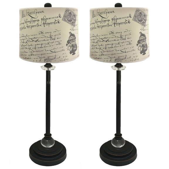 Royal Designs 28" Crystal and Oil Rub Bronze Buffet Lamp with Vintage Letter Caligraphy Design Hard Back Lamp Shade, Set of 2